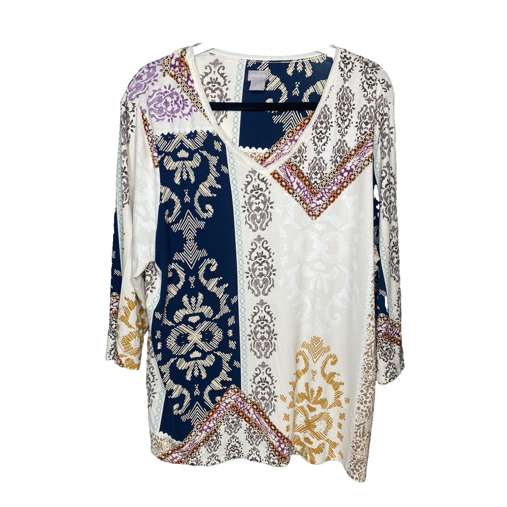 Chicos Blouse Womens Size 3 US 16 Blue & Cream Career Office Pullover Shirt Top
